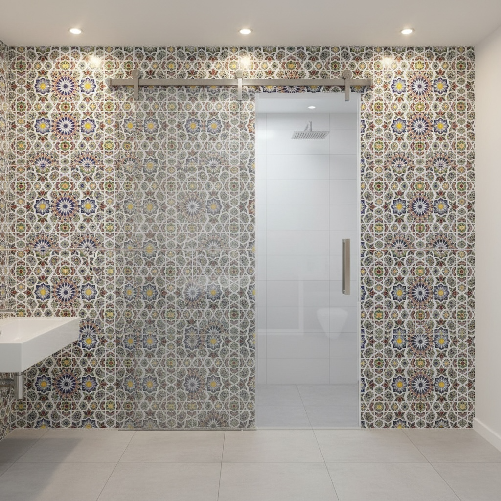 Moroccan Madeira palace tile from Justmorocco, showcasing intricate geometric patterns in vibrant colors on a traditional ceramic tile.