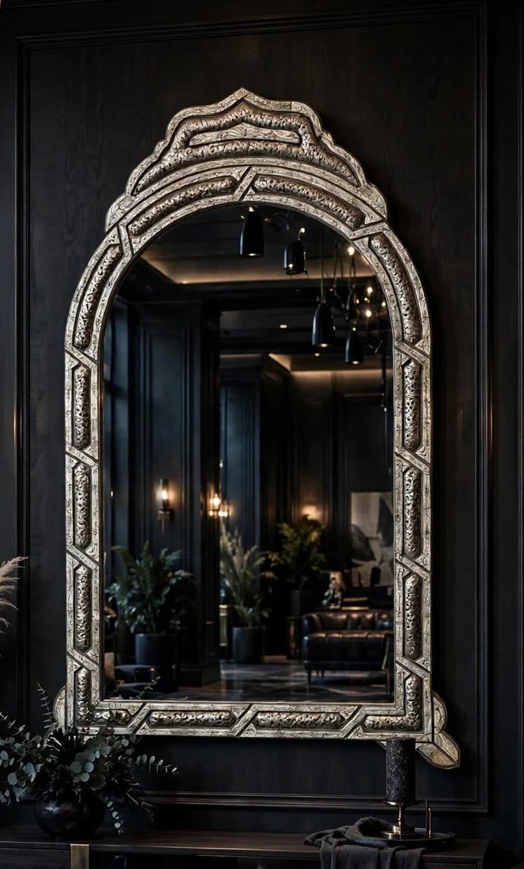 Luxury large Moroccan bone inlay mirror with handmade Berber design, featuring intricate bone detailing and a vintage aesthetic.