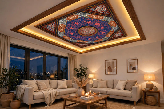 Moroccan Amanjena Palace ceiling by Justmorocco featuring intricate Moroccan ceiling design with ornate patterns and rich detailing.