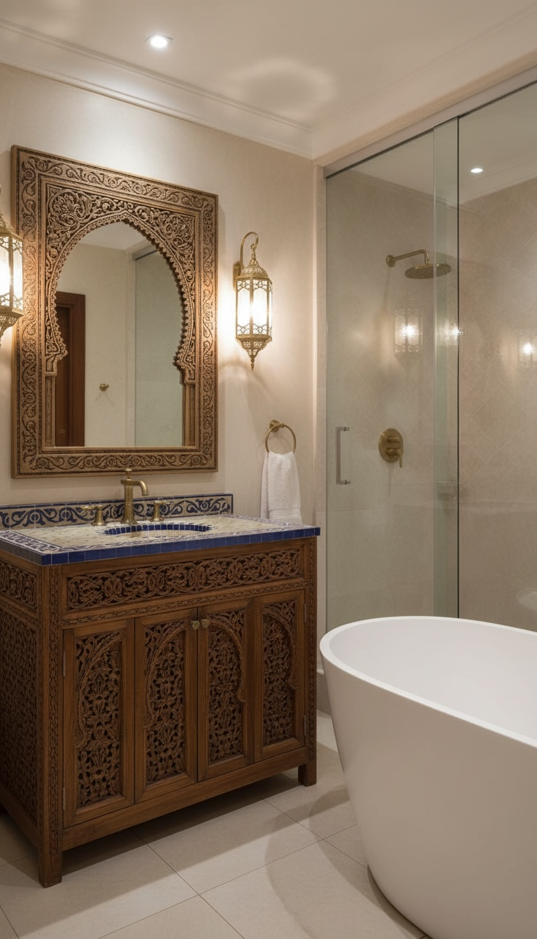 Moroccan Azzura sink with intricate tile design by Justmorocco, showcasing vibrant blue and white patterns.