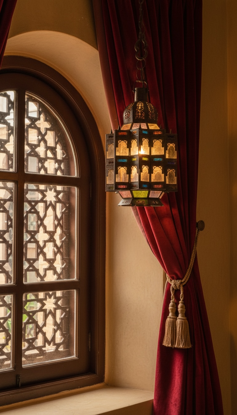 Moroccan Kutubia lantern by Justmorocco with intricate metalwork and glass panels, perfect for decorative lighting.
