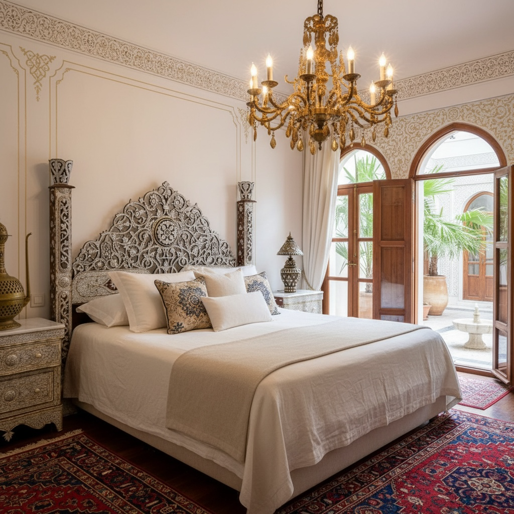 Alhambra white headboard by Justmorocco featuring a stylish, elegant design with intricate details for a sophisticated bedroom decor