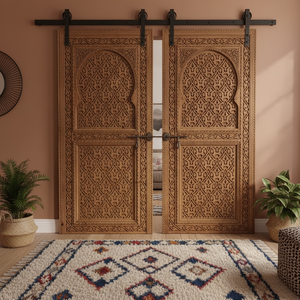 Decorative moorish wooden sliding doors with intricate patterns in a room with plants and a rug.