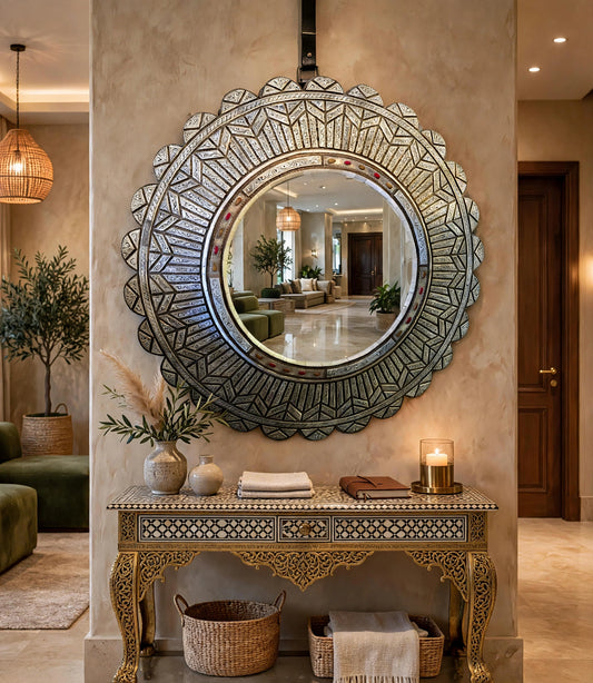 Handmade Moroccan Mirror: White Camel Bone Inlay, Middle Eastern Decor