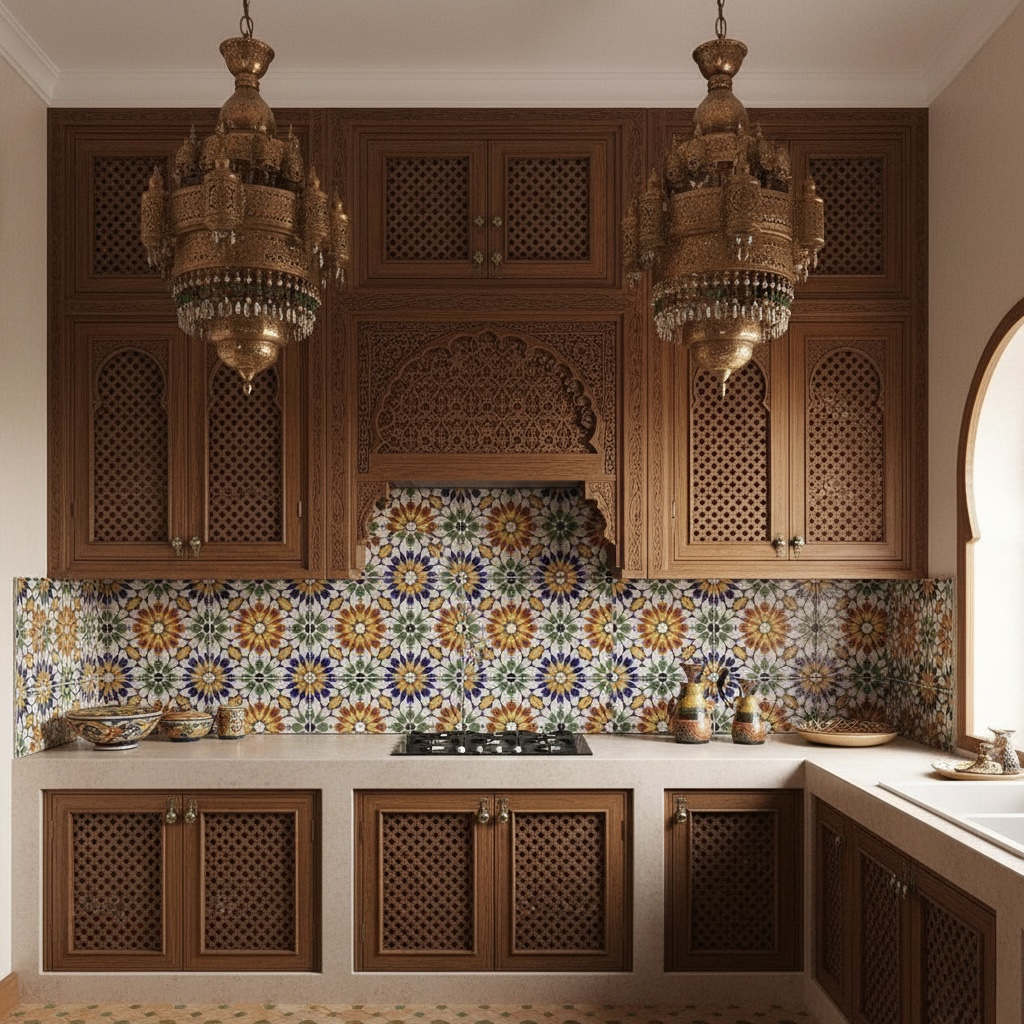 Moroccan Taza Haut tile by Justmorocco featuring intricate geometric patterns and vibrant colors on ceramic surface.