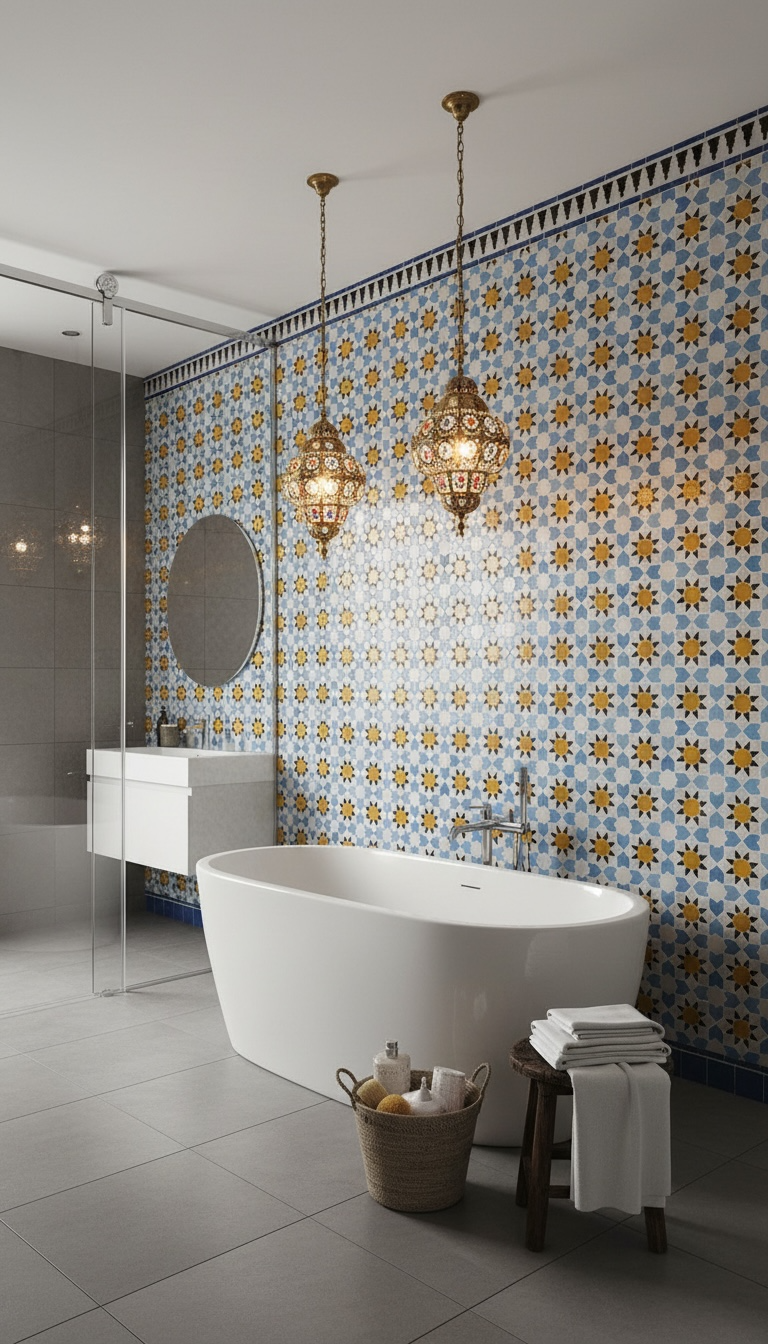 Colorful Alhambra Moores Moroccan tile by Justmorocco featuring intricate geometric patterns on glazed ceramic surface.