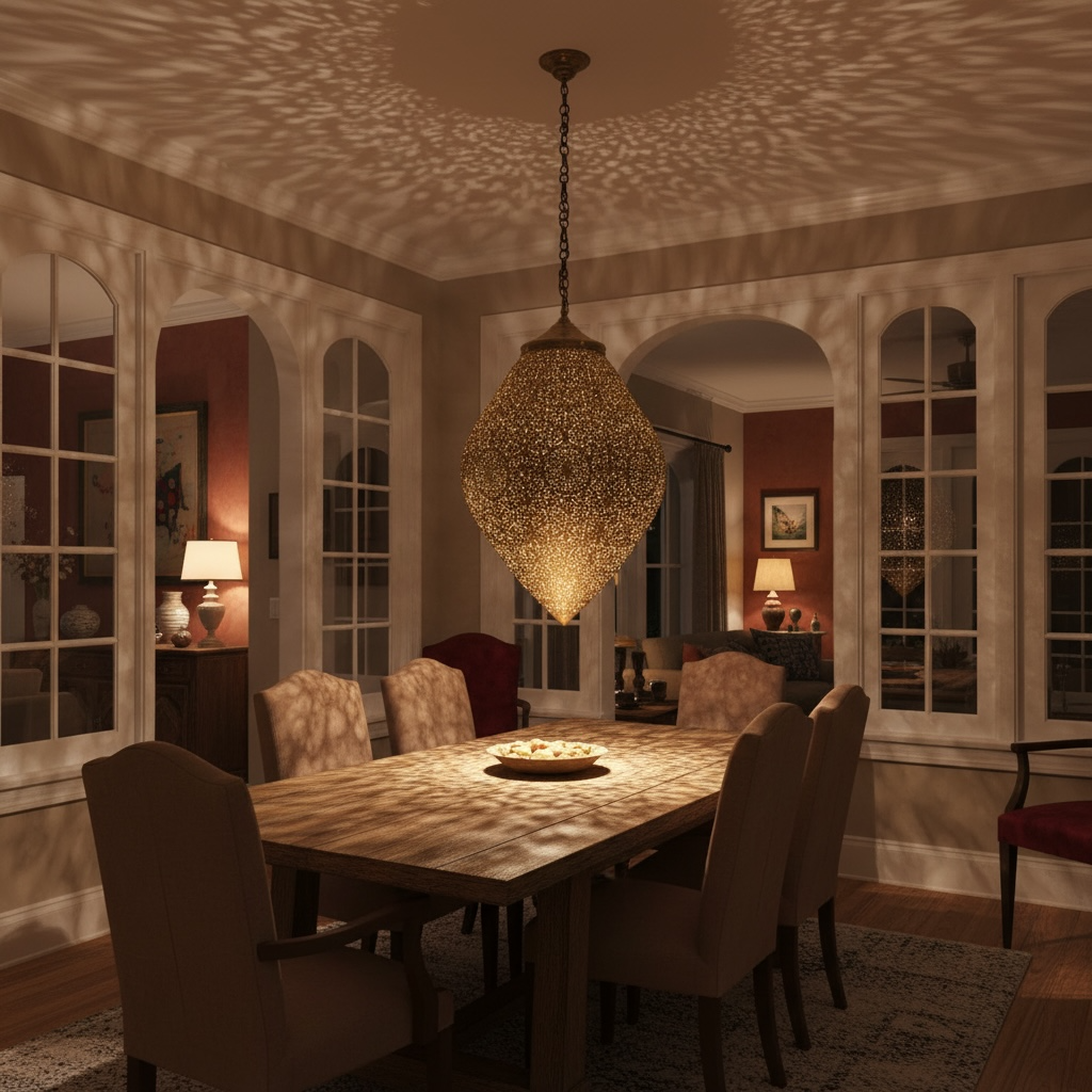 Moroccan Cordoba brass chandelier with intricate metalwork, hanging lantern design, from Justmorocco.