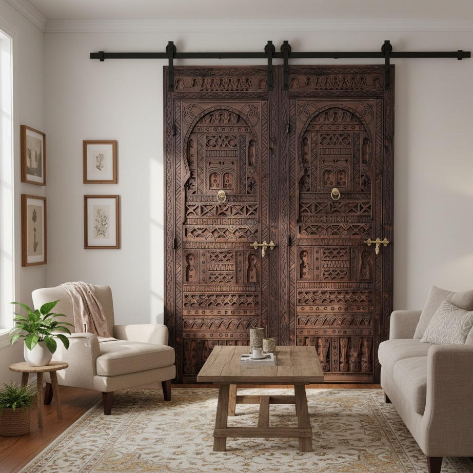 Living room with a large African style wooden carved door, beige sofa, and armchair.