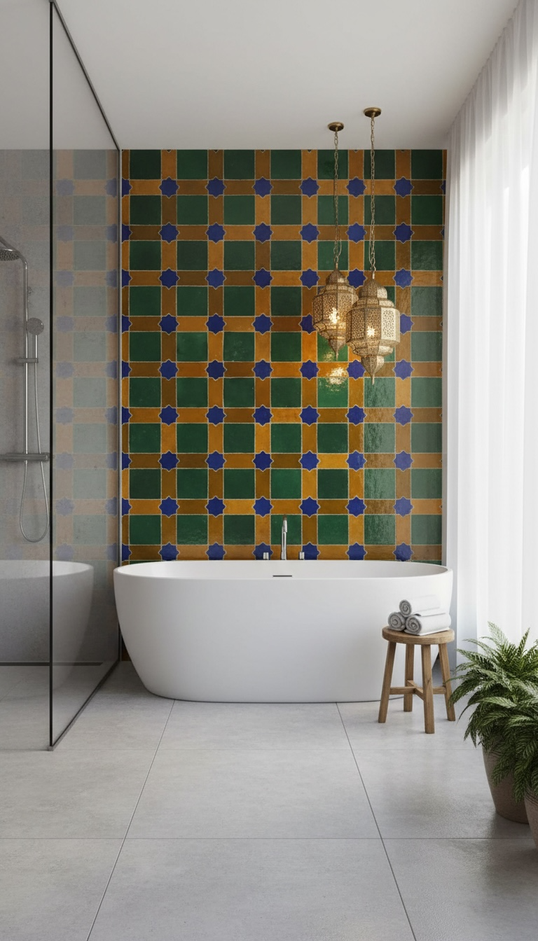 Moroccan Alhambra crown tile by Justmorocco featuring intricate geometric patterns in vibrant colors.