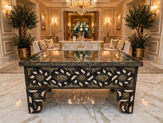 Vintage Moroccan Bone Inlay Table, Handmade Moorish Silver Metal