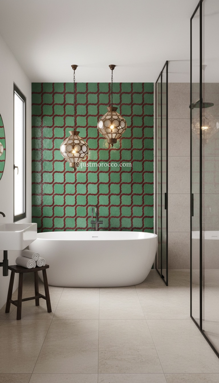 Moroccan Fleur de Lys tile by Justmorocco featuring intricate blue and white geometric patterns on ceramic surface.