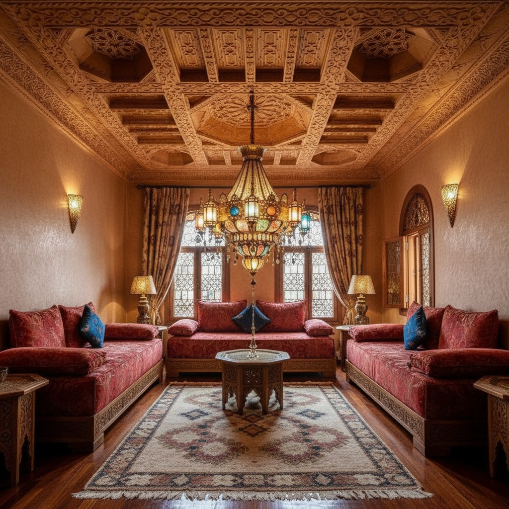 Geometric Andalusia Moorish ceiling design by Justmorocco featuring intricate patterns and traditional craftsmanship.