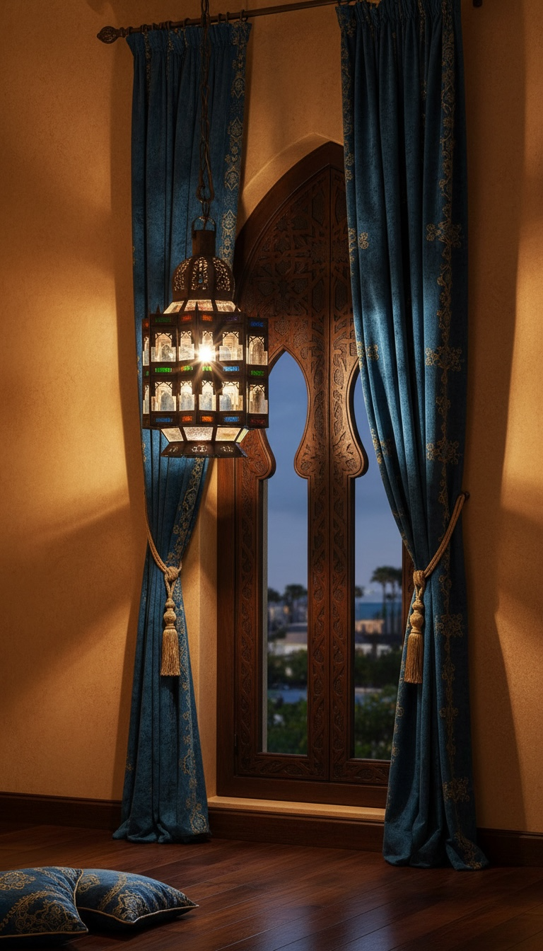 Moroccan Kutubia lantern by Justmorocco with intricate metalwork and glass panels, ideal for decorative lighting.
