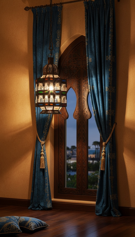 Moroccan Kutubia lantern by Justmorocco with intricate metalwork and glass panels, ideal for decorative lighting.