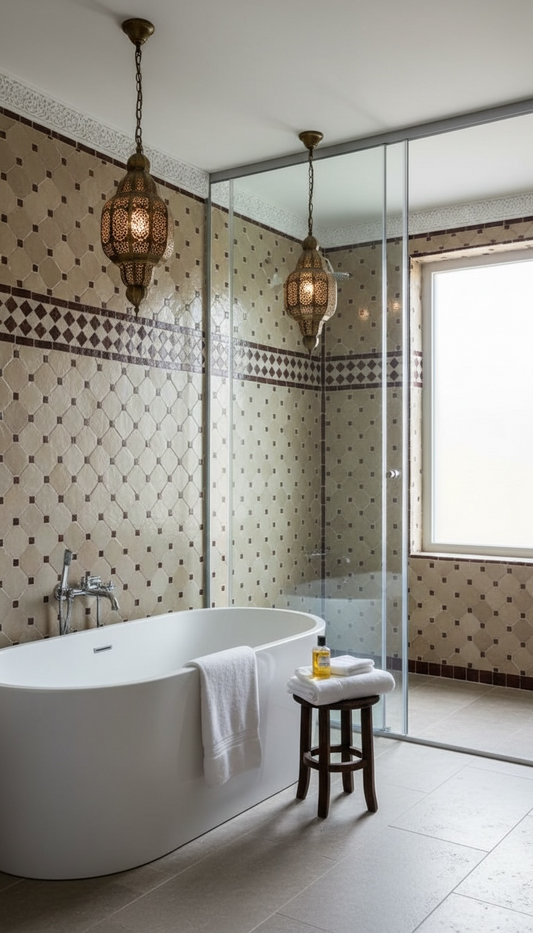Moroccan Hamam tile by Justmorocco featuring intricate blue and white geometric patterns on ceramic surface.