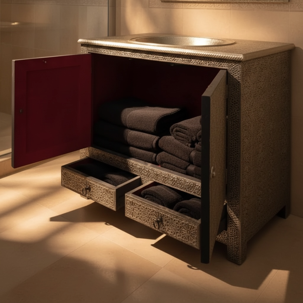 Silver metal cabinet with open drawers revealing towels
