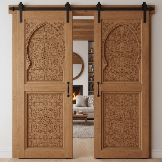 Wooden Moroccan sliding doors with intricate patterns in a living room setting
