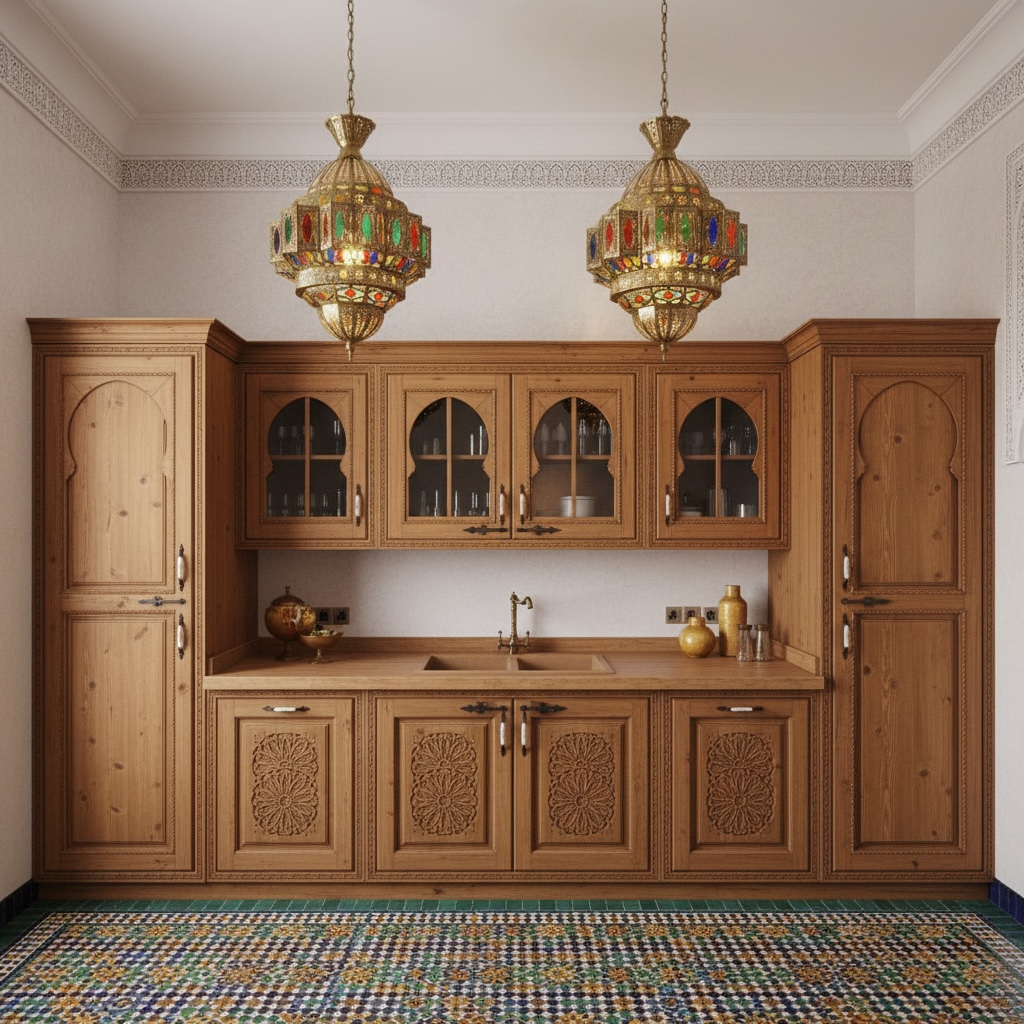 Moroccan carved Wooden kitchen cabinets with decorative elements and hanging lantern lights.