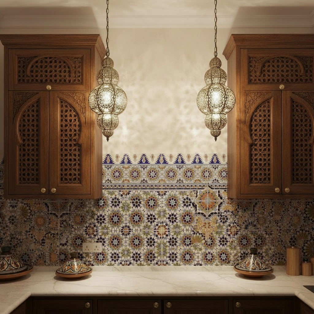 Moroccan Casablanca tile backsplash in blue and white ceramic, featuring traditional geometric patterns for kitchen decor.