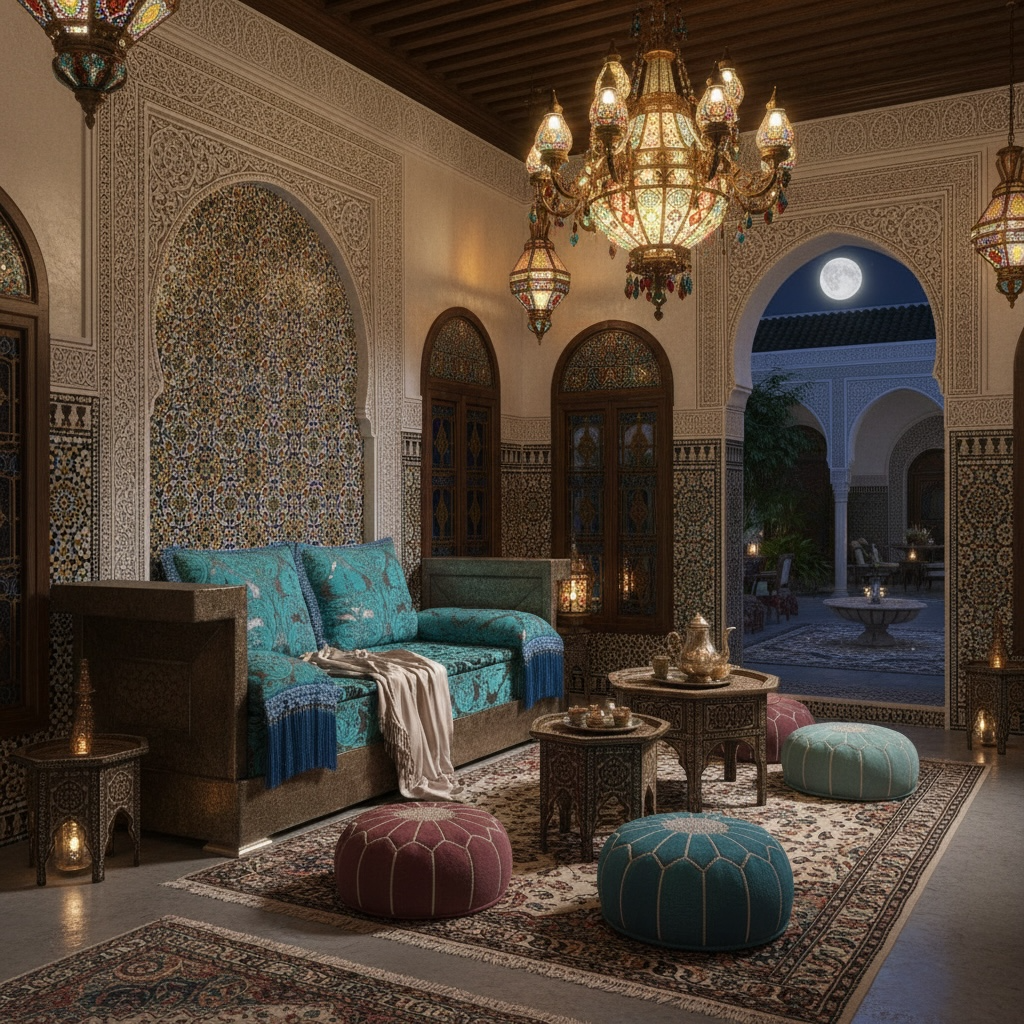 Decorative interior of a room with ornate walls, chandelier, and colorful Moroccan furniture.