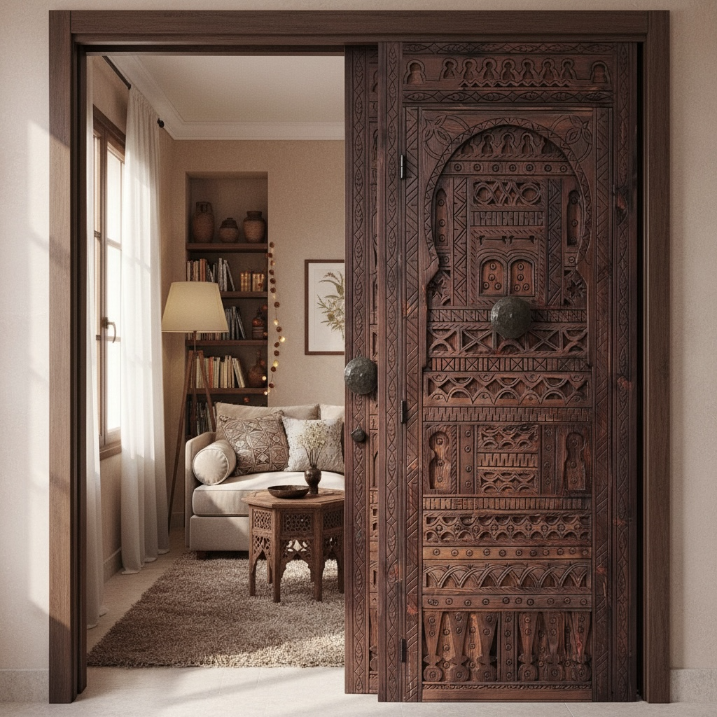 Decorative wooden African door in a room with a couch and bookshelf.