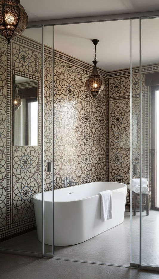 Moroccan Alhambra palace tile by Justmorocco featuring intricate geometric patterns in vibrant colors.