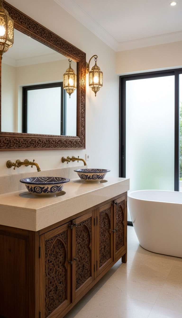 Moroccan tile vessel sink by Justmorocco featuring intricate tan and earthy tones, ideal for bathroom decor.
