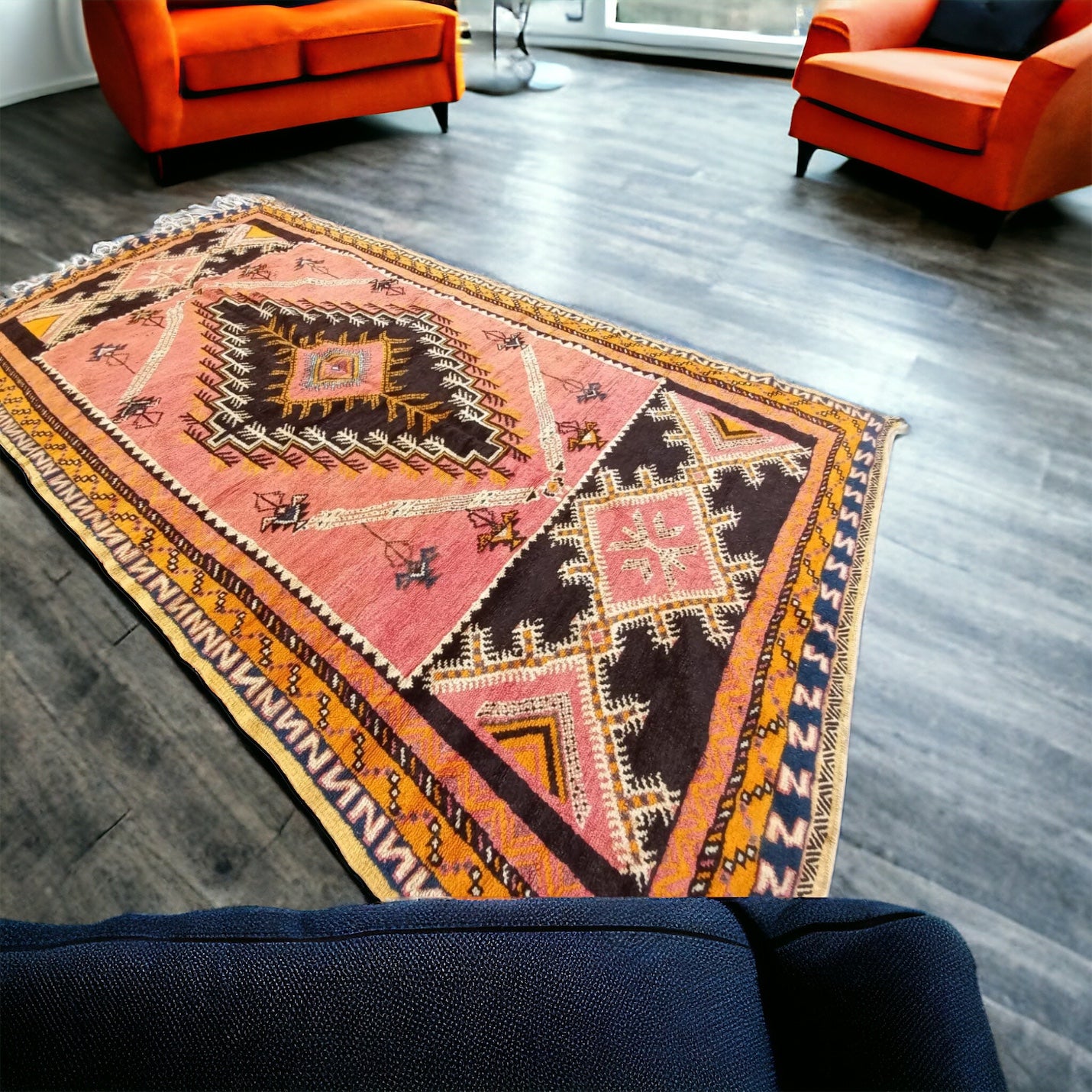 Vintage Taznakht area rug by Justmorocco, featuring intricate geometric patterns in warm earthy tones, 113x57 inches.