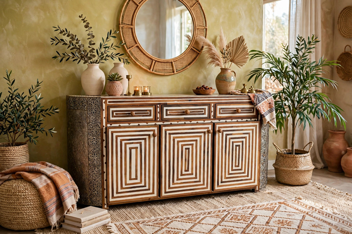 Vintage Moroccan credenza with resin and wood inlay, featuring silver metal accents and intricate handcrafted details.