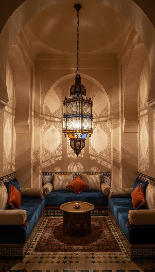 Large rustic Moroccan lantern chandelier from Justmorocco with intricate palace-style design and warm metal finish.