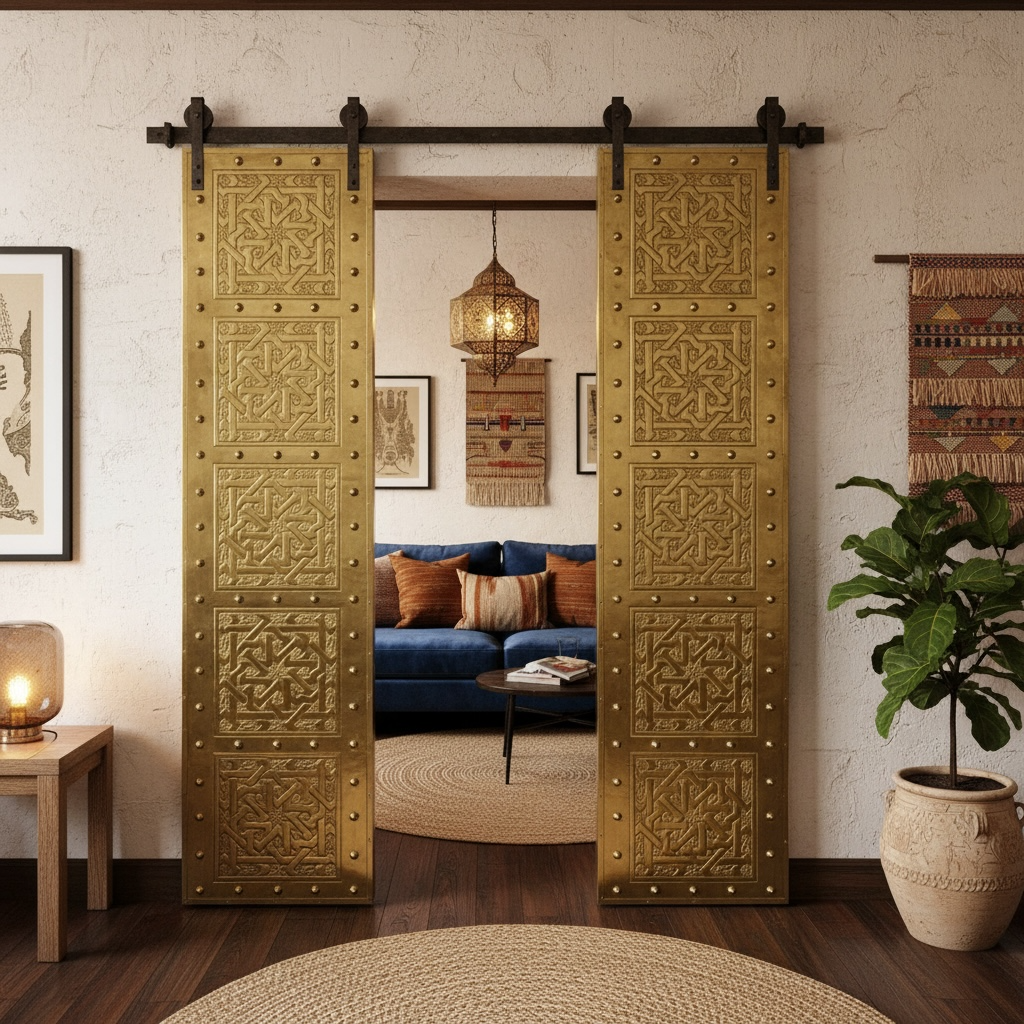 Decorative gold Moroccan sliding doors in a living room setting with a couch and plant.