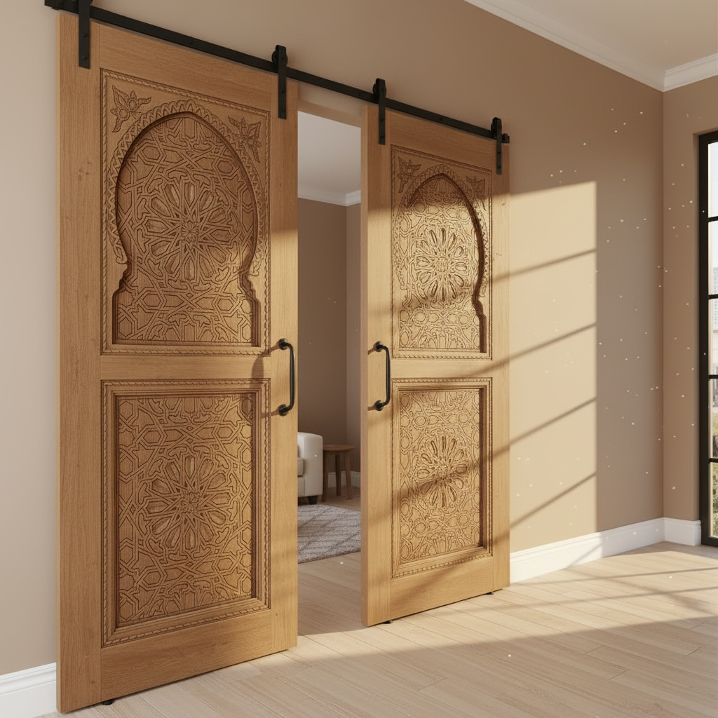 Decorative Moroccan wooden sliding doors with intricate patterns in a room with beige walls and wooden floor.