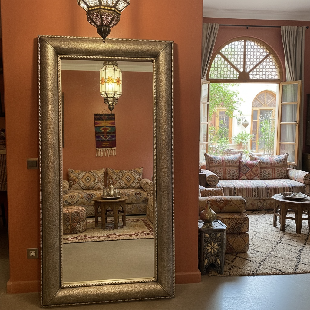 Decorative Moroccan mirror in a living room with a couch and lamp.