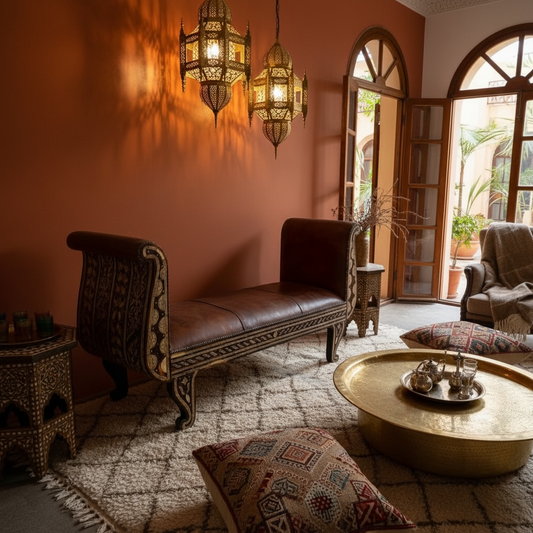 Decorative Moroccan living room with ornate furniture and wall lights.