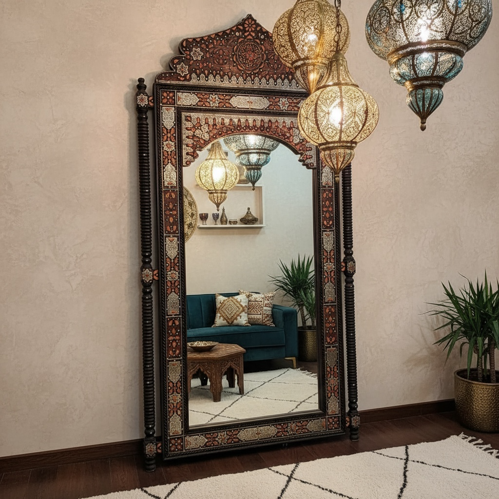 Decorative mirror with intricate designs in a room with hanging lanterns and a couch.