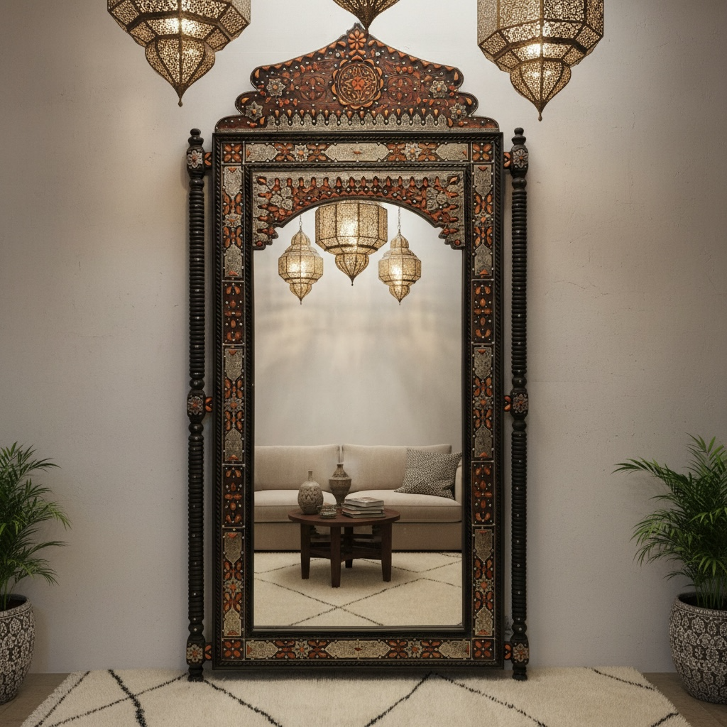 Decorative mirror with intricate carvings in a room with plants and a sofa.