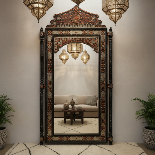 Decorative mirror with intricate carvings in a room with plants and a sofa.