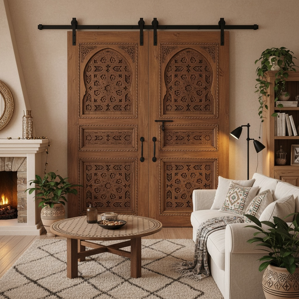 Living room with decorative Moroccan wooden doors, sofa, and fireplace.