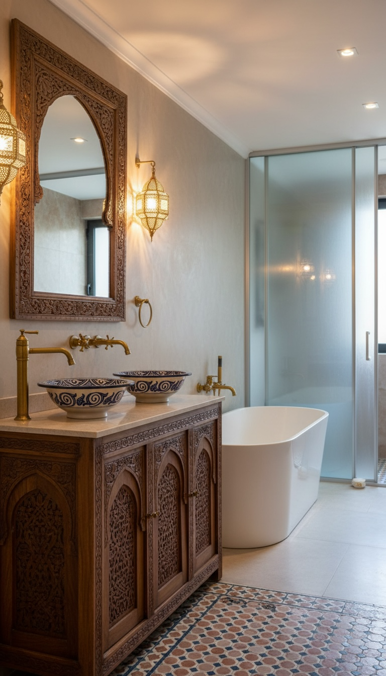 Moroccan tile vessel sink by Justmorocco in tan with intricate tile patterns, suitable for bathroom or vanity installation.