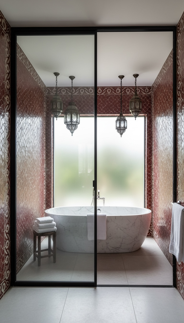 Moroccan tile from Justmorocco featuring a vibrant Granada red palace design with intricate patterns and traditional craftsmanship.