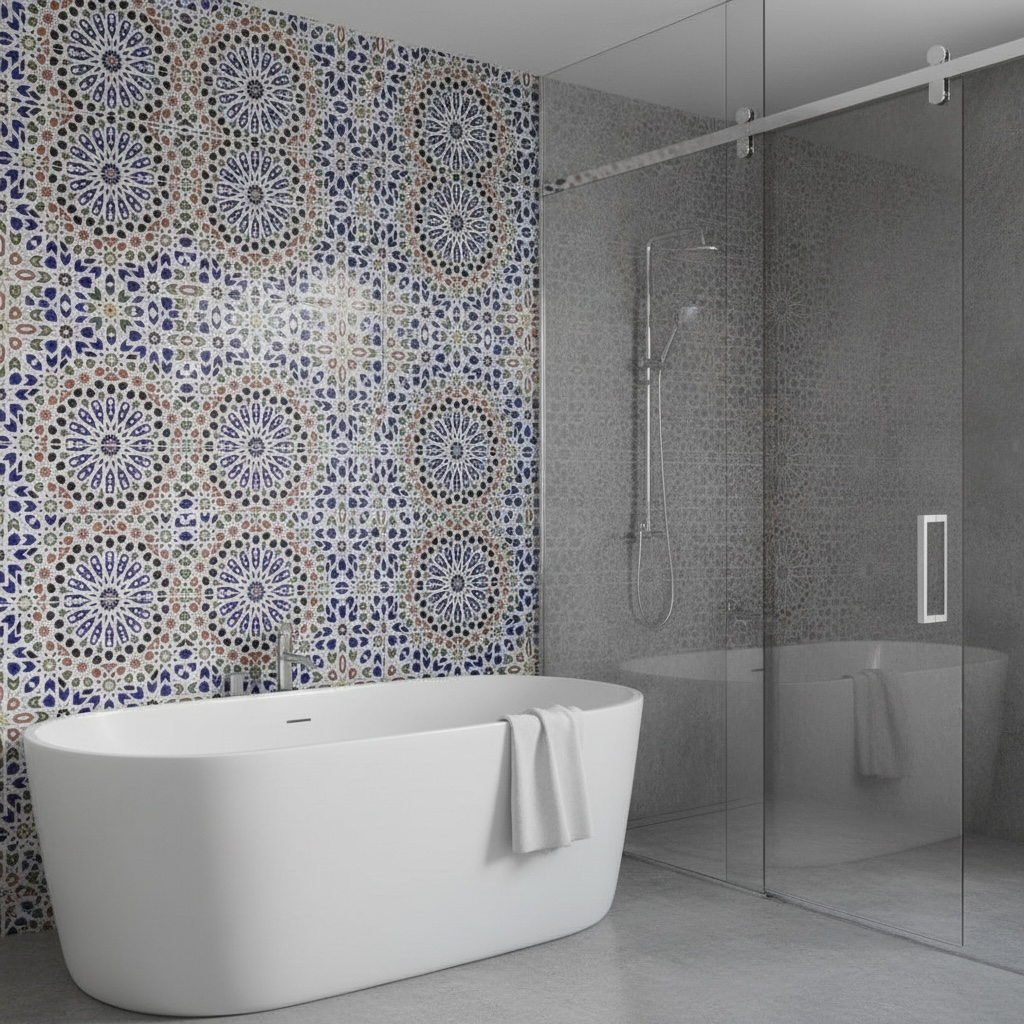 Moroccan Granada tile pack by Justmorocco featuring colorful, patterned ceramic tiles for decorative wall and floor accents.