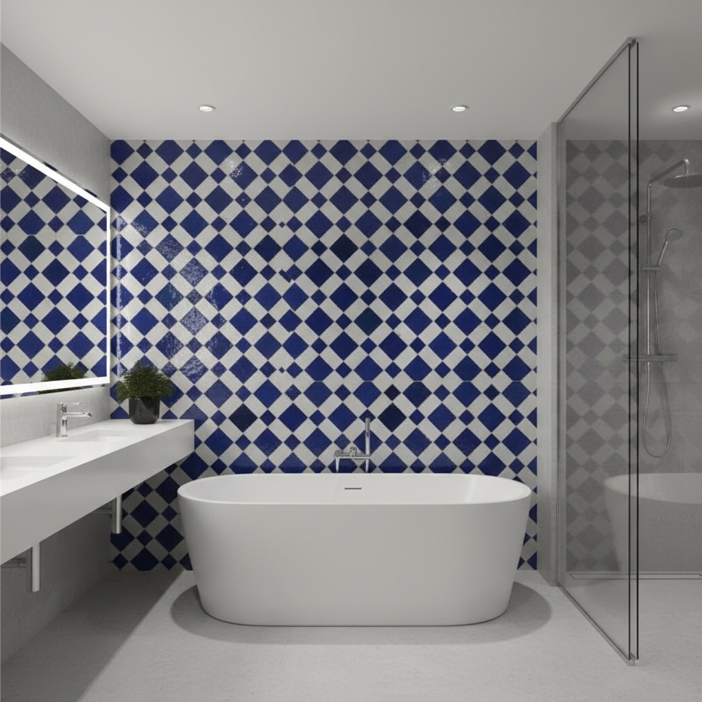 Sevilla Blue Moroccan tile by Justmorocco showing intricate blue and white geometric patterns on ceramic surface.