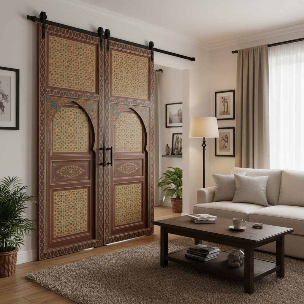 Living room with decorative sliding Moroccan doors and a couch.