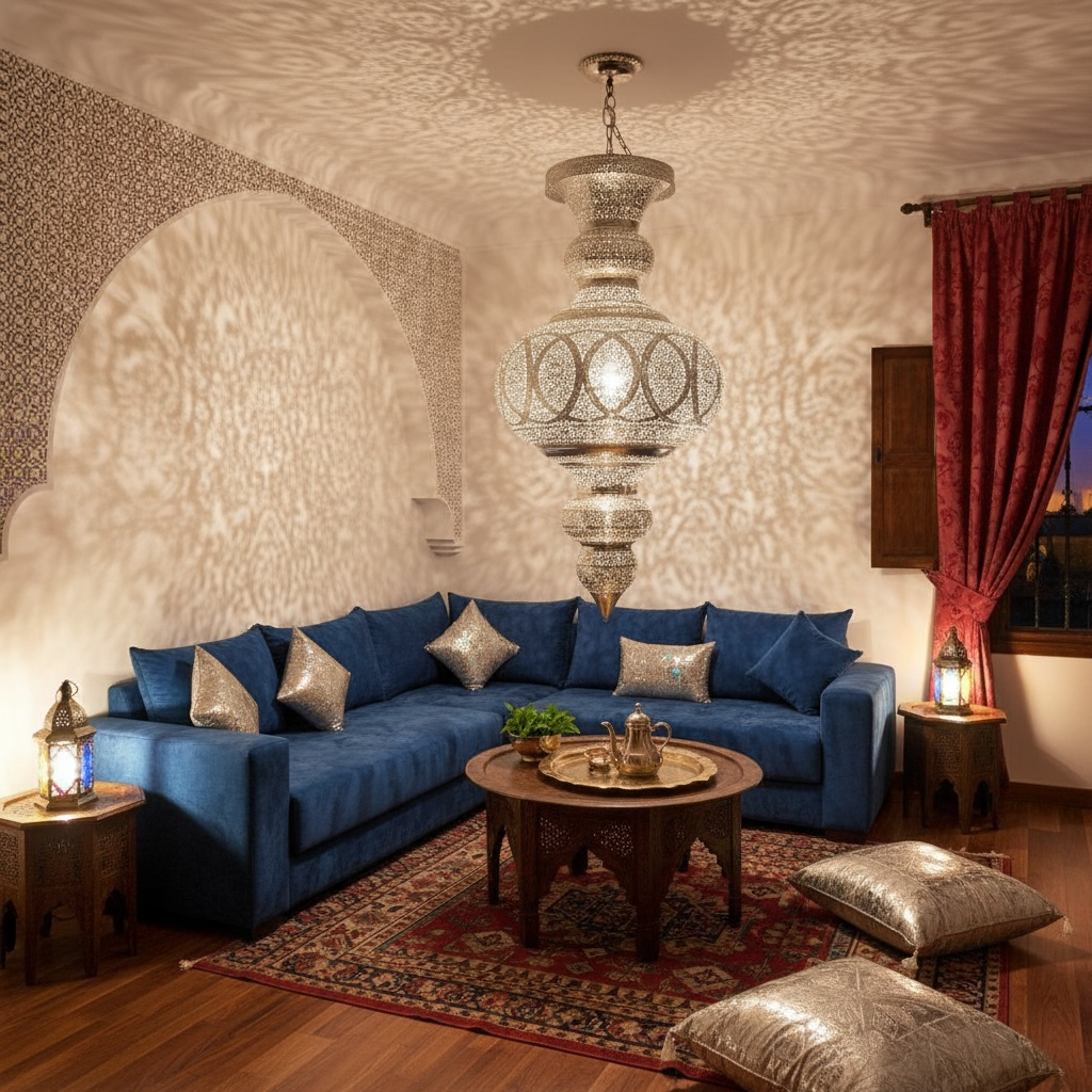 Decorative living room with blue sofa, ornate large Moroccan chandelier, and patterned rug.