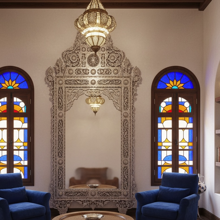 Decorative interior featuring an extra large mother of pearl mirror with blue armchairs, a coffee table, and stained glass windows.