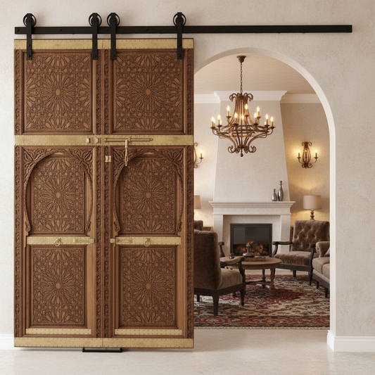 Decorative wooden Moroccan sliding door in a stylish interior setting with a chandelier and furniture.