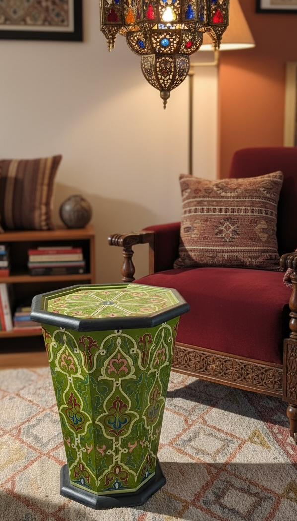 Moroccan Andalusia side table by Justmorocco featuring intricate Moroccan furniture design with carved wood and decorative details.