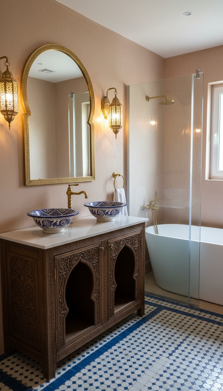 Moroccan tile Tanana vessel sink by Justmorocco featuring intricate blue and white patterns, round ceramic basin with decorative design.