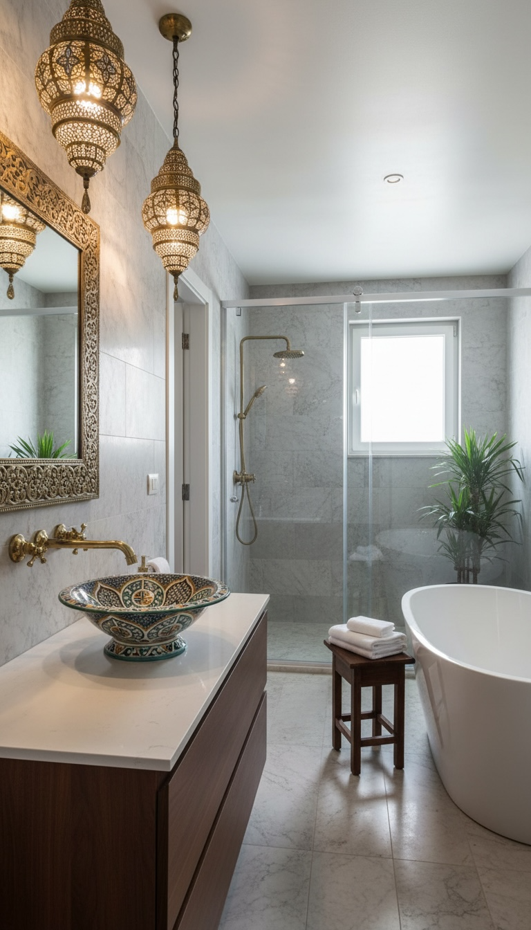 Moroccan tile Riad vessel sink by Justmorocco featuring vibrant, intricate patterns and a smooth, rounded ceramic basin.