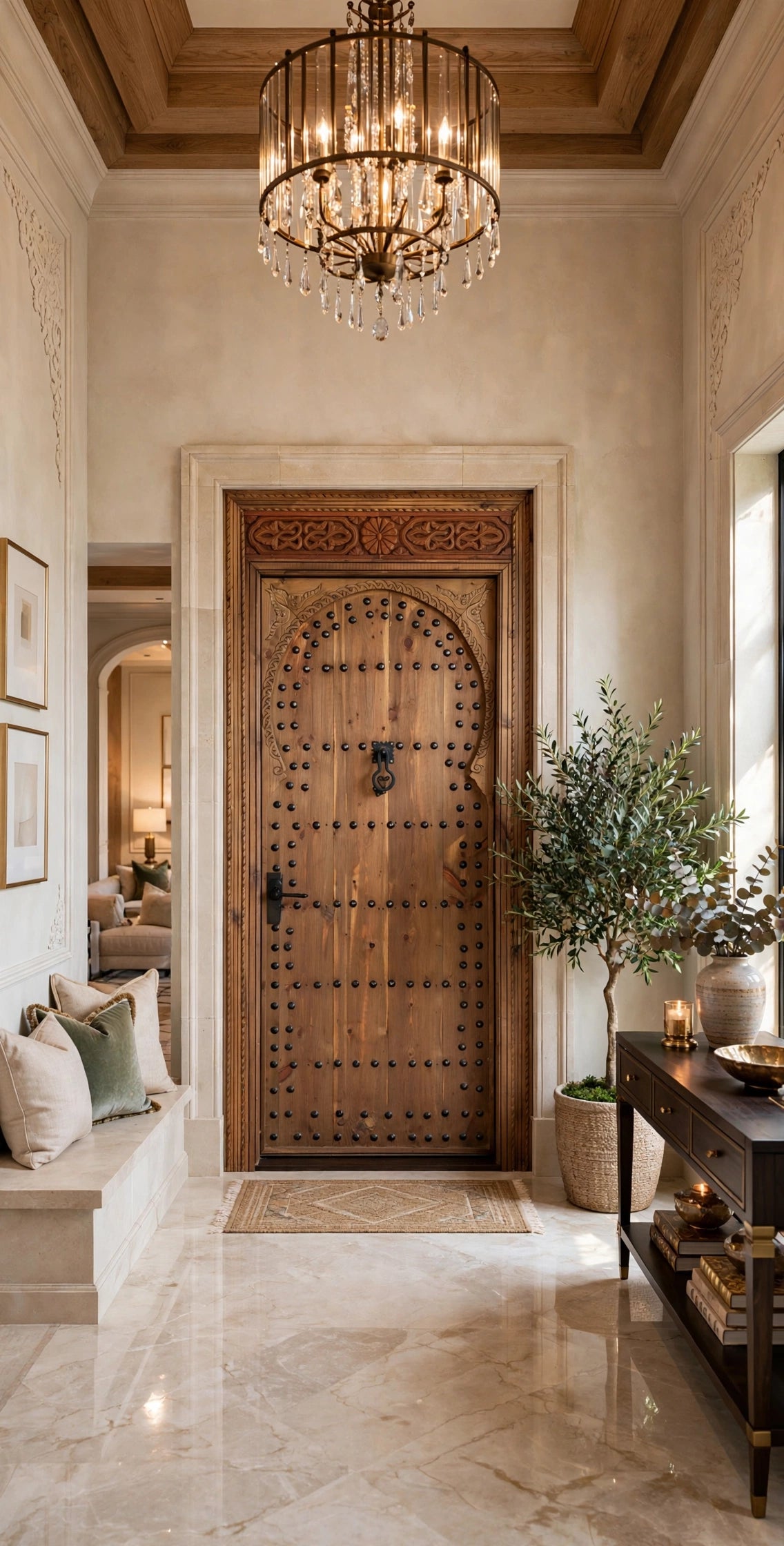 Vintage Moroccan arched wooden door with metal knocker and umbrella nail heads, handcrafted by Justmorocco.